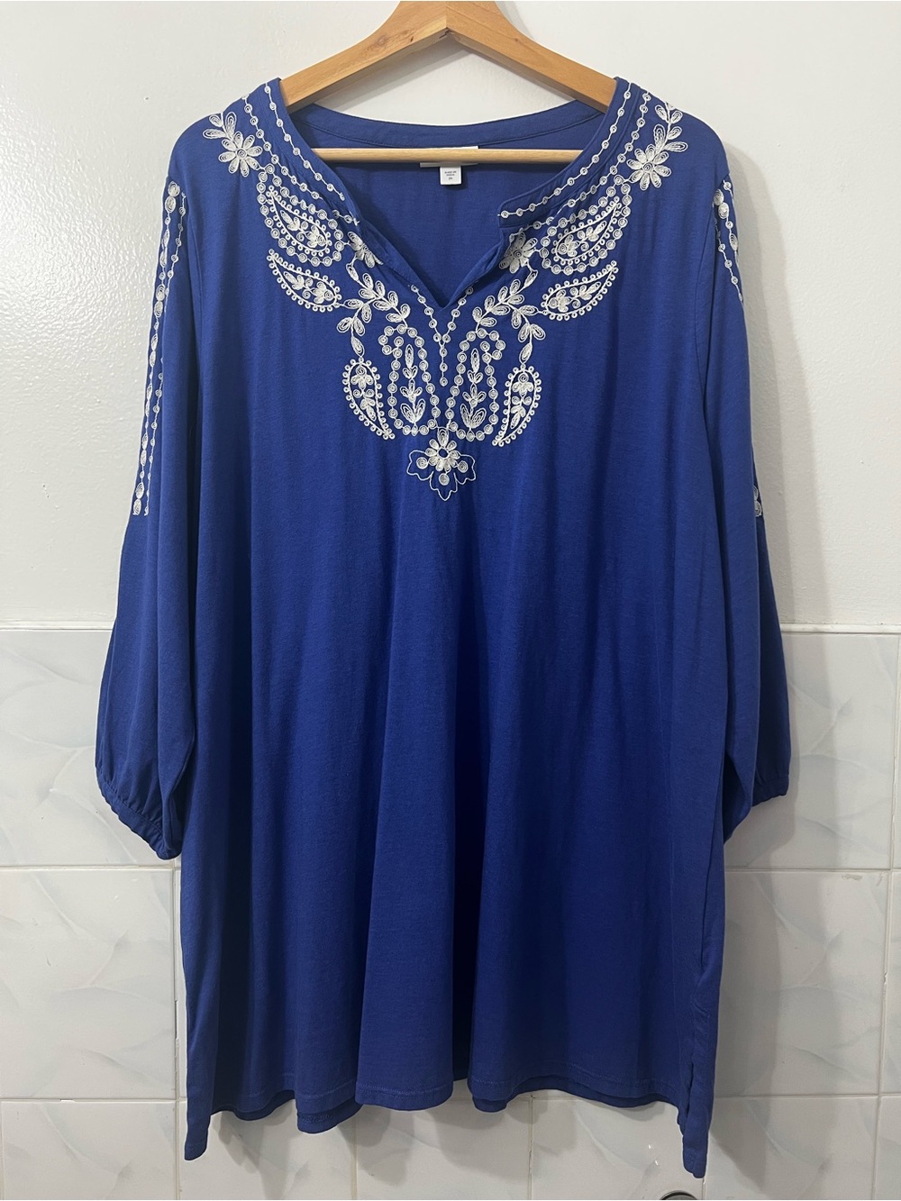 J Jill 3/4 Sleeve Embroidered Tunic Top Women 2XL Royal Blue Lightweight Boho